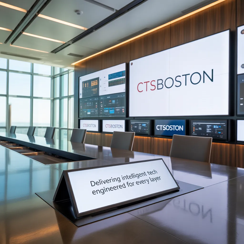boardroom audio visual integration - generated image showing a boardroom with screens showing CTSBoston