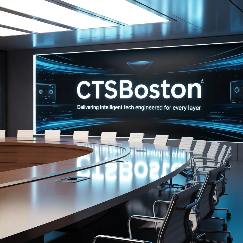 boardroom video systems - generated image showing a boardroom with screens showing CTSBoston