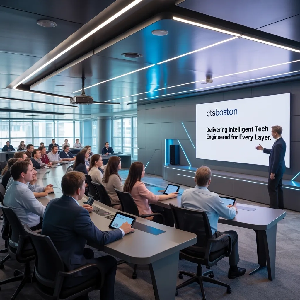 training room av systems - image of classroom / training space in an office with instructor utilizing a wall mounted screen for a class of people