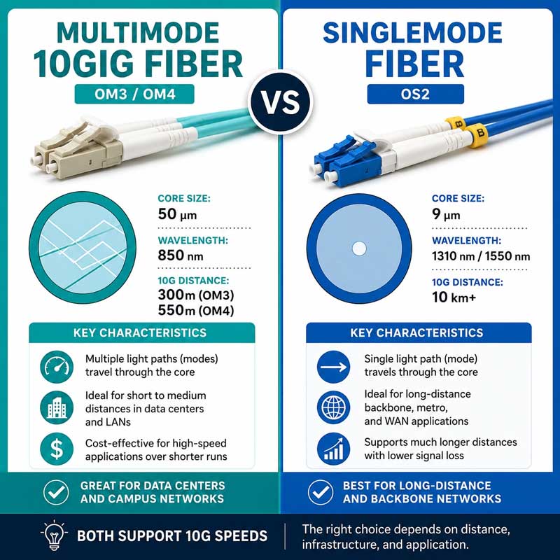 multimode 10gig fiber vs single mode fiber infographic